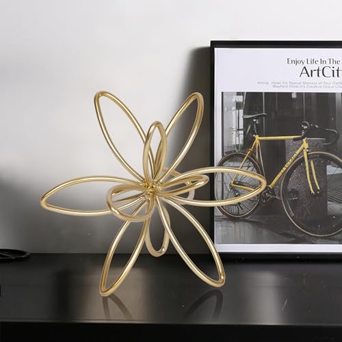 Gold Metal Sculpture Decoration Geometric Sphere Decor Modern Abstract Cube Figurine Ball Statue Centerpiece for Home Decor Accent Living Room Office Shelf Bookshelf Tabletop Decorative - style: Flower shape