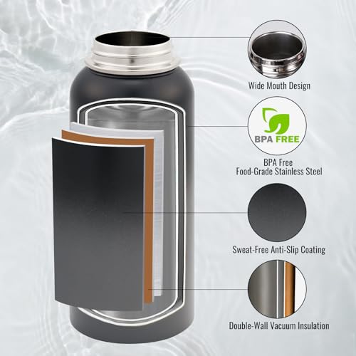 Fijinhom Insulated Water Bottle with Handle, 304 Stainless Steel Water Bottles with Wide Mouth, Double Wall Vacuum Sports Water Bottle, BPA Free, Keep Cold and Hot, 32 Ounces Black/Gray - color: Black/Gray, size: 32 Ounces