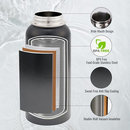 Fijinhom Insulated Water Bottle with Handle, 304 Stainless Steel Water Bottles with Wide Mouth, Double Wall Vacuum Sports Water Bottle, BPA Free, Keep Cold and Hot, 32 Ounces Black/Gray - color: Black/Gray, size: 32 Ounces