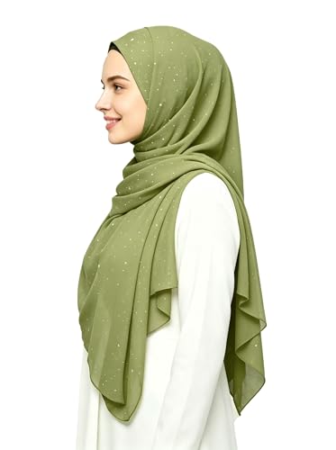 Lina & Lily Sparkle Shimmer Gold Glitter Women's Chiffon Hijab Head Scarf Shawl Wrap Lightweight - color: Light Olive