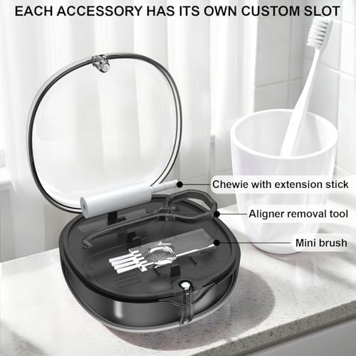 Dental Retainer Box Case Orthodontic Retainer Container with Removal Tool, Chew and Travel Brush, Double-layer Mouth Guard Holder Container Case with Mirror - Transparent Black - color: Transparent Black