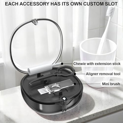 Dental Retainer Box Case Orthodontic Retainer Container with Removal Tool, Chew and Travel Brush, Double-layer Mouth Guard Holder Container Case with Mirror - Transparent Black - color: Transparent Black