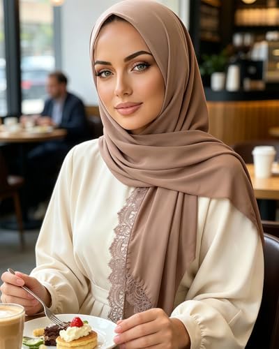 JUMISEE Elegant Floral Lace Hijab Scarf for Women Soft Cotton Head Wrap Instant Hijab Long Scarves Evening Dress Shawl - color: Khaki