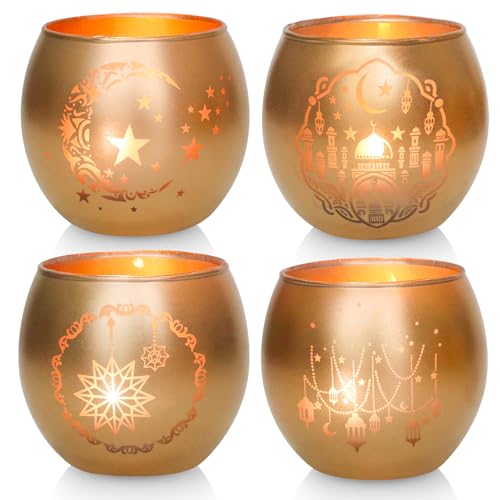 Eid Mubarak Decorations, Gold Ramadan Decorations for Home 4Pcs, Radiant Glass Tealight Candle Holders, Luxury Votive Candle Holders for Ramadan Table Decor, Elegant Islamic Eid Gifts - color: Gold