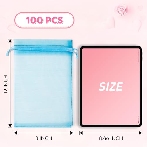 ANZNKU 100 Pcs Large Organza Bags 8x12, Small Mesh Gift Bag Drawstring Bulk - color: Lake Blue