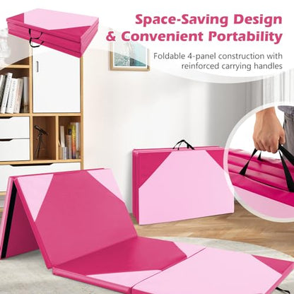 Goplus Folding Gymnastics Mat, 10’ x 4’ x 2’’ Thick Tumbling Mats with PU Leather, Hook & Loop Fasteners, Portable Handles, 4-Panel Exercise Mat for Home Gym Workouts, Yoga - color: Pink+Rose