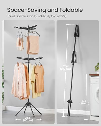 SONGMICS 2단 의류 건조대, 190cm(75.2인치) 접이식 세탁 건조대, 행거용 6개의 회전 가능한 암, 스테인리스 스틸, 옷 54개, 블랙 ULLR514B01 - color: 블랙., style: 2단 행