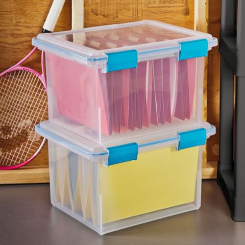Sterilite Gasket Storage Box with Lids for Home & Office, 32 Quart, 12-Pack | Heavy-Duty, Stackable, and Organizing Containers for Bathroom, Cabinet, Closet, and Garage, Clear and Blue Aquarium Latches - size: 32 Quart, style: 12 Pack