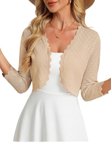 GRACE KARIN Womens Bolero Shrug 3/4 Sleeve Crochet Cropped Cardigan Open Front Knit Shrugs for Dresses - color: Apricot, size: Large