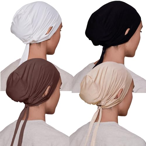 Qianmome 4 Pieces Jersey Drawstring Women Under Hijab Cap With Ear Hole Inner Hijab Cap - color: 4pcs Style a