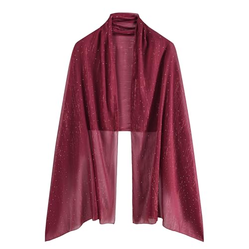 OurLore Chiffon Shawls Wraps for Women Sheer Glitter Scarf Sparkly Rhinestones Shoulder Sarong Cover Up Hijab for Wedding - color: Dark Red