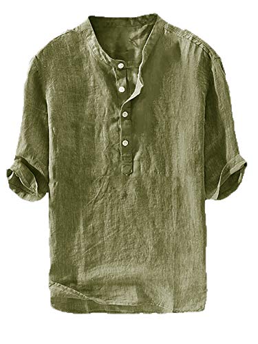 Ryannology Mens Linen Shirts Casual Cotton 3/4 Sleeve Henley T-Shirt - color: 01 Armygreen, size: XX-Large