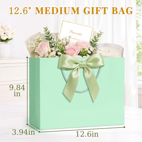 ANZNKU 2PCS Green Gift Bags with Handles, Cute Medium Gift Bags with 4 Tissue Paper 2 Ribbons 2 Cards for Wedding Bridal & Baby Shower Graduation Birthday Engagement Party Favors Present Wrapping - color: Mint Green