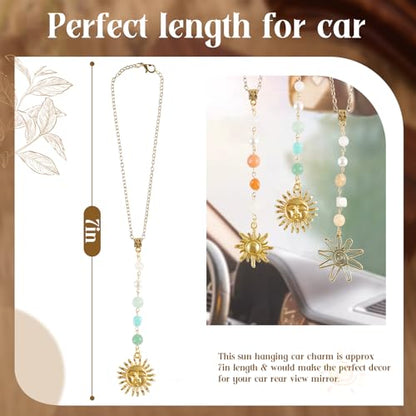 3 Pack Sun Rear View Mirror Hanging Accessories, Hanging Sun Charm with Healing Crystal, Boho Car Charms, Healing Mirror Decor Cute Accessories for Women (Retro)