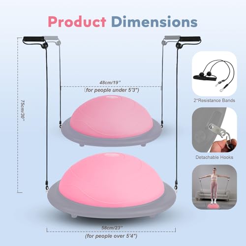kisnbld Half Balance Ball Trainer, Inflatable 19/23 Inch Half Exercise Ball with Resistance Bands and Pilates Ball, Non-Slip 660lbs Capacity Yoga Ball for Home Gym Full Body Workouts - color: Pink