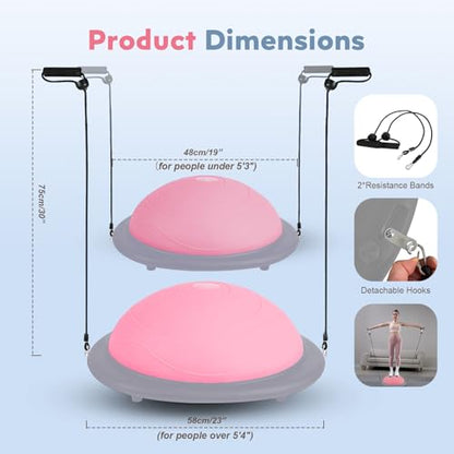 kisnbld Half Balance Ball Trainer, Inflatable 19/23 Inch Half Exercise Ball with Resistance Bands and Pilates Ball, Non-Slip 660lbs Capacity Yoga Ball for Home Gym Full Body Workouts - color: Pink