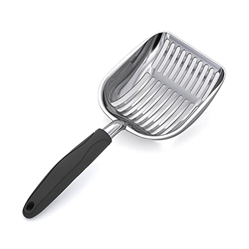 Cat Litter Scoop, Aluminum Alloy Sifter, Kitty Metal Scooper, Deep Shovel, Long Handle, Poop Sifting, Kitten Pooper Lifter, Durable, Heavy Duty, for Litter Box - color: POLISHED Aluminum \ #06 Black Handle, size: Large