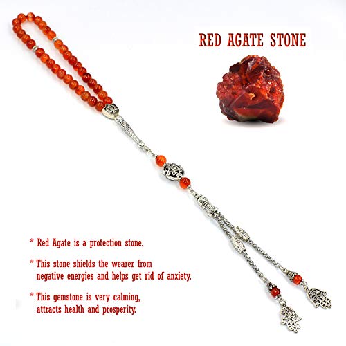Stylist Prayer Beads (8 mm-33 Beads) Tesbih-Tasbih-Tasbeeh-Misbaha-Masbaha-Subha-Sebha-Sibha-Rosary-Worry Beads (Red Agate Stone) - color: Red Agate Stone