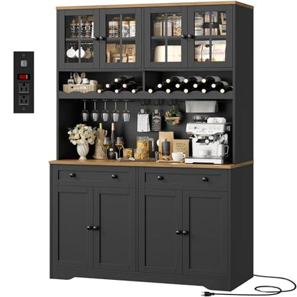 HOSTACK 75" Kitchen Pantry Storage Cabinet, Coffee Bar Hutch Cabinet, Black | Tall Pantry Cabinet with Charging Station / Wide Countertop / Glass Doors / Wine Rack / Cup Holder / Drawers, Dining Room - color: Black