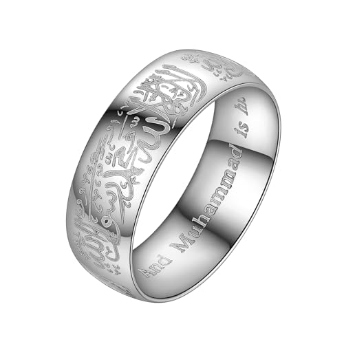 Hipunk Stainless Steel Islamic Muslim Shahada Ring - Mohammad Arabic Letter Rings Band Prayer Religious Calligraphy Ayatul Kursi Allah Rings Eid Ramadan for Men Women Size 9-12 - color: steel