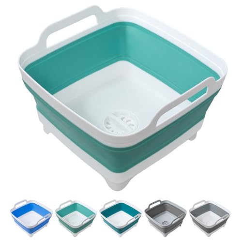 Dishpan for Washing Dishes, 2.4Gal/9L Wash Basin with Draining Plug Carry Handles, Collapsible Bucket for Cleaning, Portable Sink, Foldable Plastic Tub - color: Green, size: 1 x 9L
