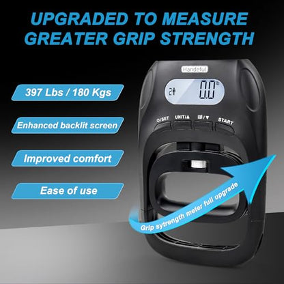 Digital Grip Strength Tester, 397 lb Hand Dynamometer, Black | 397 lb Capacity; 0.2 lb Increments; 19 Memory Records; Adjustable Handle; Memory Tracking; For Sport and Rehab