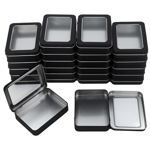 Rectangle Metal Tins with Hinged Window Lids, Black, 24 Pieces | Hinged Window Lids, Mini Storage Organizer Set, For Home Kitchen, Office and School Supplies - color: Black