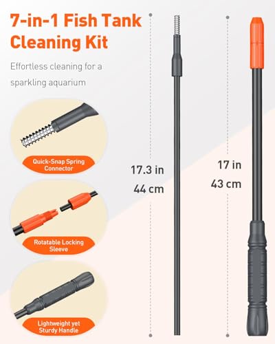 Pawfly Aquarium Cleaning Tools, 7 in 1 Fish Tank Cleaning Kit, Algae Scraper, Sponge Scrubber Pad, Brush, Gravel Rake & Fish Net with Adjustable Long Handle, Tank Cleaner Set