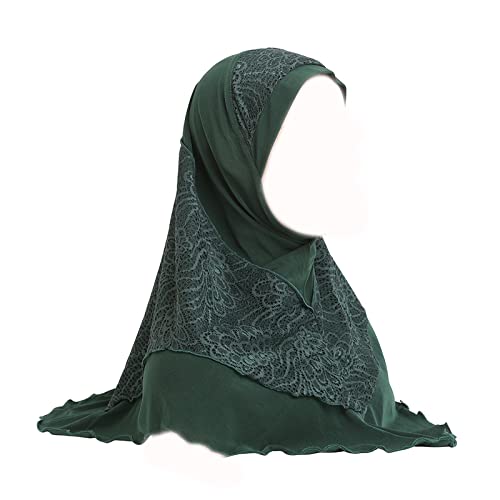 Women Soft One Piece Hijab Long Muslim Turban Islamic Full Head Scarf - color: Lace/Green