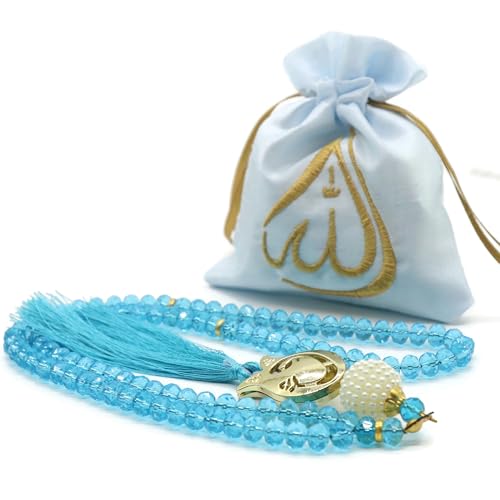 Muslim Tasbih 99 Rosary Beads with Pouch - Islamic Prayer Beads, Women's Traditional Beaded Zinc Glass Necklace - color: Blue