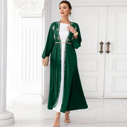 IDOPIP Muslim Abayas for Women Long Sleeve Open Front Cardigan Rhinestone Applique Islamic Dubai Maxi Kaftan Dress with Belt - color: Blackish Green, size: Small