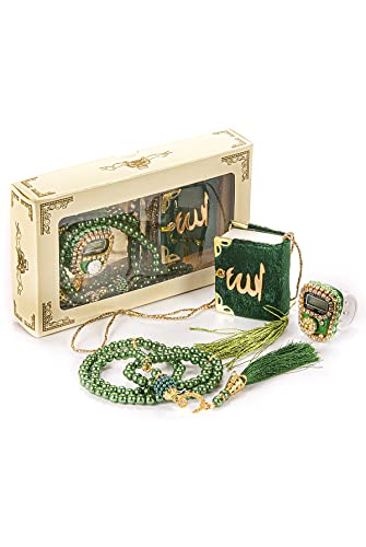 İhvan Online Mini Velvet Quran Set with Islamic Finger Counter, Portable Digital Tasbeeh, Muslim Prayer Beads, Pearl Zikirmatic Beads, 3 Pieces Gift Set for Mevlüt, Green - color: Green