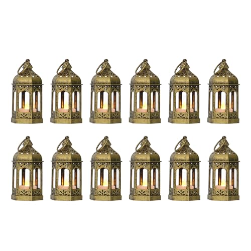 LLQ 12Pcs 5-Inch Ramadan Mini Lanterns - Ramadan & Eid Mubarak Decorations - Vintage Table Centerpieces for Wedding&Christmas Decor - LED Flickering Lantern Light for Hang Ornaments(Brushed Brass) - color: Brushed Brass