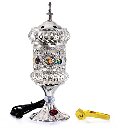 Attar Mist Electric Incense Burner - Oud Frankincense Resin Burner Intricate Carousel Large Mabkhara (Silver) - color: Silver