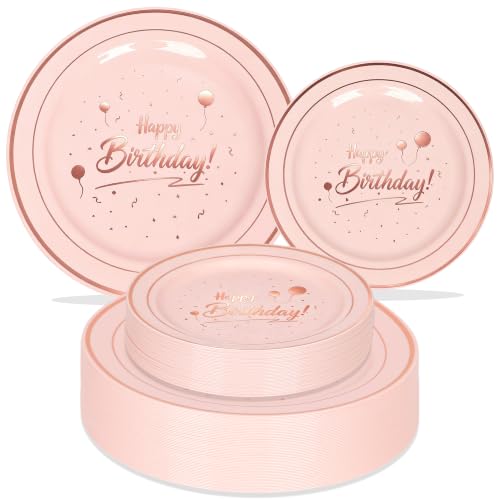 100 Pcs Pink and Rose Gold Birthday Plastic Dinnerware Set,Serve 50 - color: Pink Rose Gold