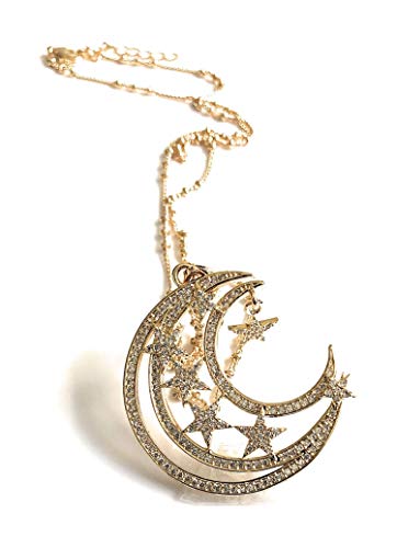 Crescent Moon and Stars Necklace 17.5 Inches Sattelite Chain