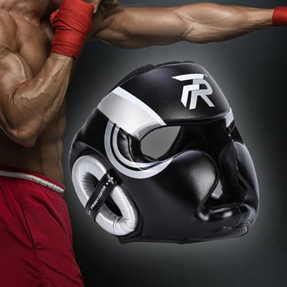 Boxing Headgear Face Cover Forehead and Ear Protection Full Face Protection for Sparring Karate Taekwondo Training Men Women - color: Argent L