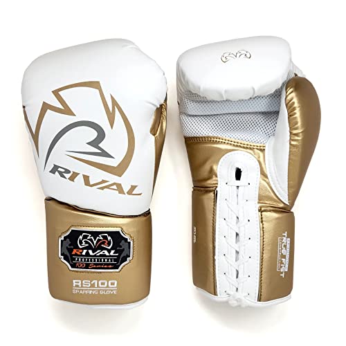 RIVAL Boxing RS100 Professional Lace-Up Sparring Gloves, Handcrafted with Super-Rich Microfiber PU, Ergonomically Designed to Perfectly Fit Your Hand - color: White/Gold, size: 16 oz.