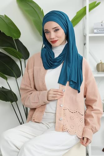 Aisha's Design Instant Hijab Scarves for Women, 95% Cotton Pretied Bonnet Turban Easy to Wear Cotton Headscarf - color: Petrol Blue