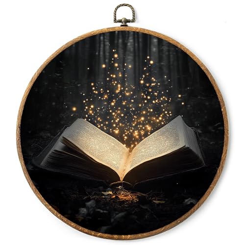AYQJCBGC Vintage Magic Book Round Framed Wall Art, Cottagecore Retro Canvas Wall Decor, Dark Academia Framed Prints Hanging Decor for Home Bedroom Living Room, 10x10 Inch. (005) - color: Black Book
