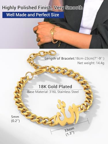 PROSTEEL Allah Bracelet, Muslim Islamic Jewelry Religious Islam Arabic God Charm Stainless Steel Beads Chain Bracelet, fits wrist from 5.9'' to 7.9'', Come with Box - color: 02 gold-cuban chain