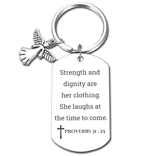 Inspirational Scripture Keychain with Angel Pendant - Bible Verse Key Chain Religious Gift for Christian - style: Proverbs 31:25