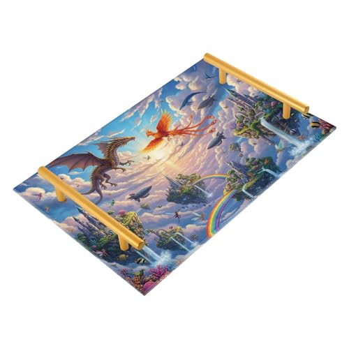 Bathroom Vanity Tray Counter Organizer, Fantasy Sky Islands with Dragon and Phoenix Decorative Tray with Handles Countertop Storage for Bathroom Bedroom Kitchen Home Farmhouse - color: Fantasy Sky Islands With Dragon and Phoenix