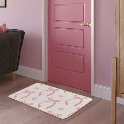 Cute Coquette Pink Bow Welcome Mat for Girls Bedroom Bathroom Decor | Heart Bow Home Decor, Pink Bathroom Floor Mat, Gifts for Pink Lovers, Non-Slip Indoor Entryway Mat, 29.5 x 15.7 Inch