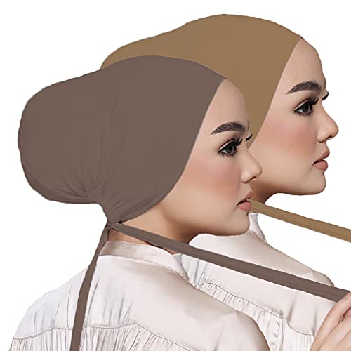 Women Under Scarf Hat Hijab Undercap Islamic Muslim Under Scarf Hijab Cap with Tie-Back Closure - color: Khaki+nude(2pcs)