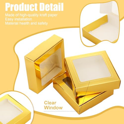 Zonon 30 Pcs Kraft Paper Boxes with Window 4.13 x 4.13 x 1.18 Inch Candy Packaging, Small Gift Boxes, Soap holder, Mini Treat Packaging for Bakery Chocolate Jewelry Display (Gold) - color: Gold