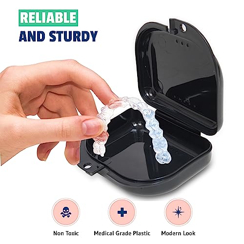 Retainer Case - Pack of 2 Black with Accessories - Odorless Mouth Guard Case-Retainer Holder-Ventilated, Durable Night Guard Case for Carrying and Protecting Braces,Dentures & Aligners