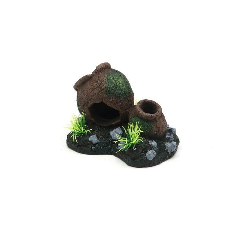 Rustic Broken Barrel Aquarium Decoration, Resin Fish Tank Hideout with Ancient Pot Design and Artificial Plants
