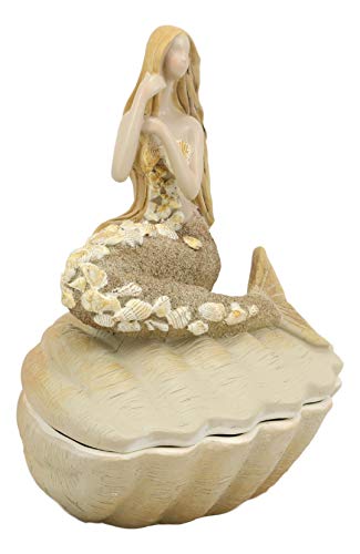 Ebros Gift Sand Brown Abstract Mermaid Sitting On Giant Sea Shell Jewelry Box Figurine With Sea Shell Ornaments 7" High Nautical Ocean Mermaids Siren Of The Seas Home And Bathroom Decorative Statue