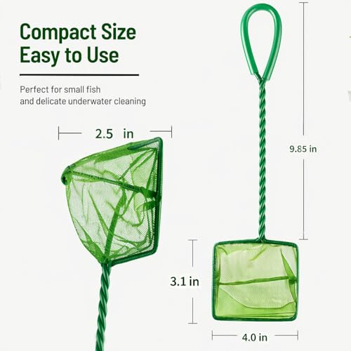 2 Pack Aquarium Fish Net, 4 Inch Fine Mesh Fish Tank Net with Durable Braided Handle, Small Net for Fish, Shrimp, Debris Cleaning in Aquarium, Pond & Pool